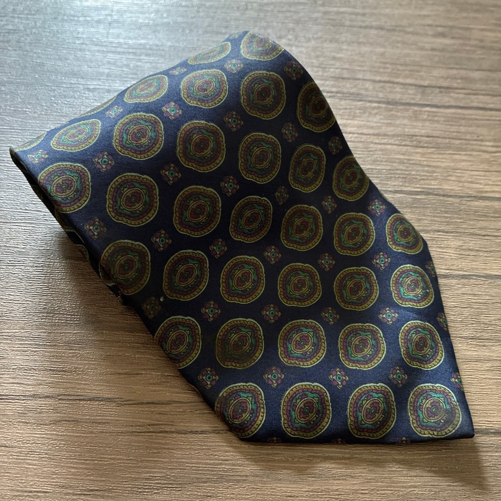 Vitalia Medallion Silk Necktie OS Navy Blue Mens Geometric Pattern Tie